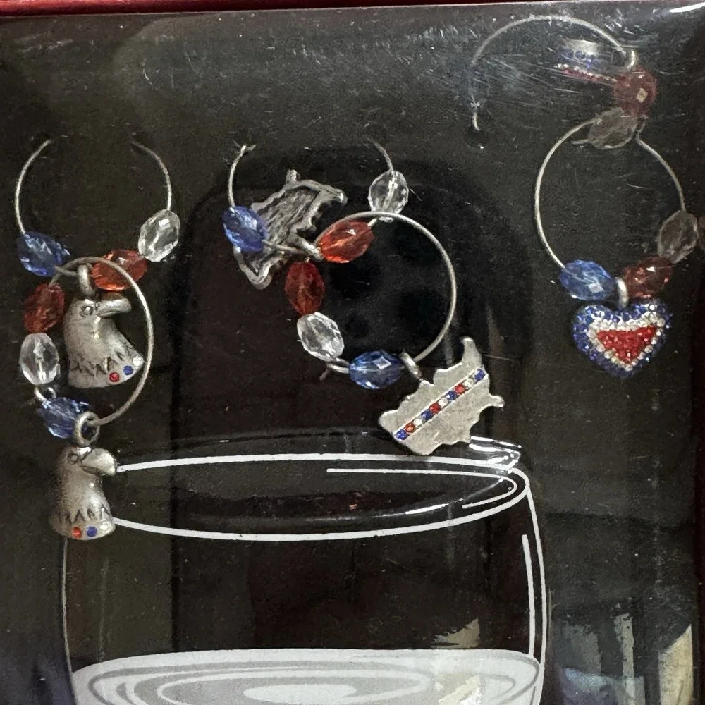 Set 12 VTG JC PENNEY Wine Markers Patriotic USA Stem Glass Charms Set Americana